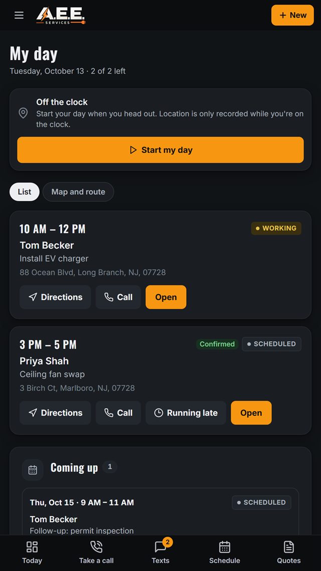 Service app technician day screen (sample data)
