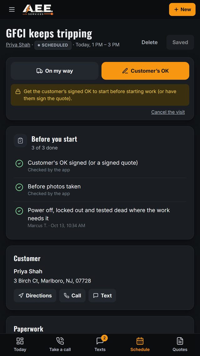 Service app visit screen with a before-you-start checklist